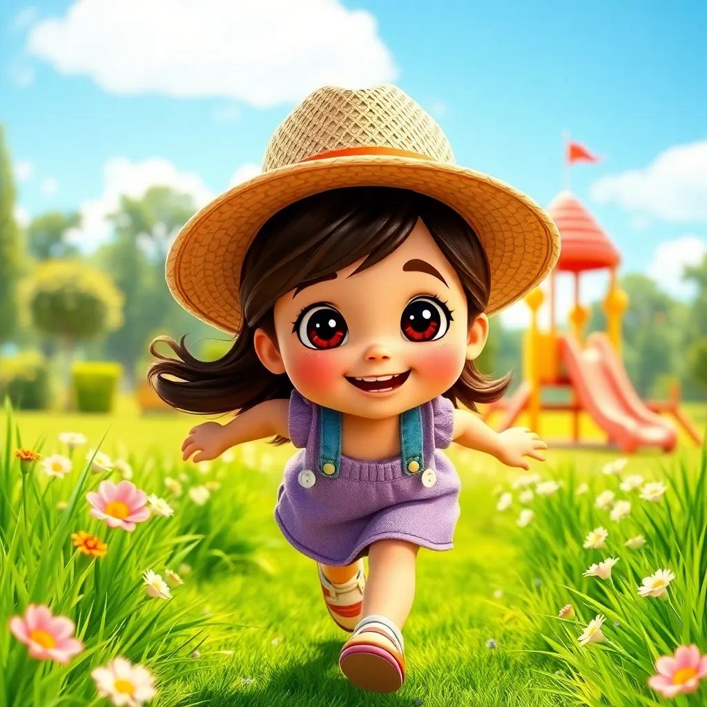 Mia, a 6-year-old girl with brown hair and brown eyes, wearing a sun hat, running joyfully towards a vibrant playground, surrounded by green grass and flowers, bright and sunny day, child-friendly style, cheerful, high quality