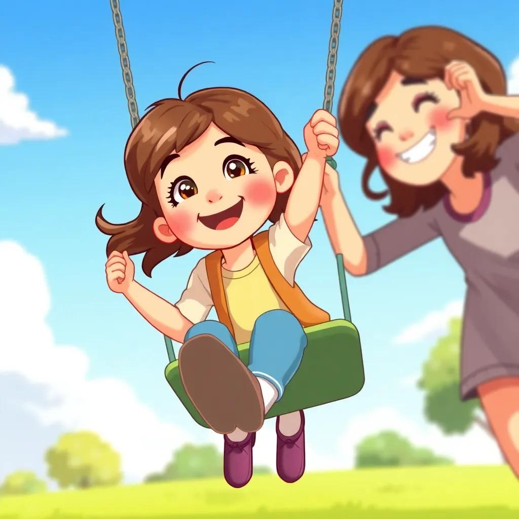 Mia, a 6-year-old girl with brown hair and brown eyes, swinging high with her mother pushing her at a park playground, laughing and having fun, blue sky and fluffy clouds, illustration, playful, vibrant colors