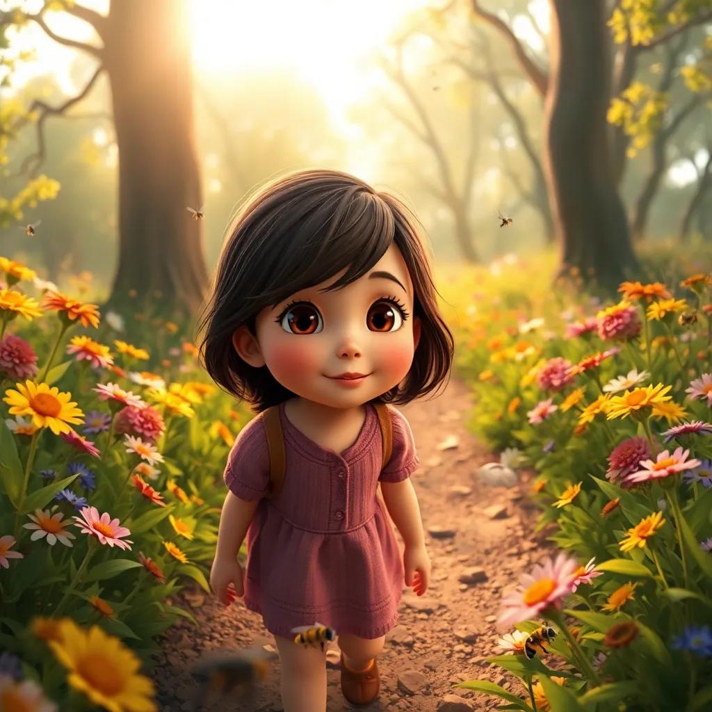 Mia, a 6-year-old girl with brown hair and brown eyes, exploring a nature path with her mom, surrounded by colorful flowers and buzzing bees, warm sunlight filtering through trees, digital art, magical atmosphere, highly detailed