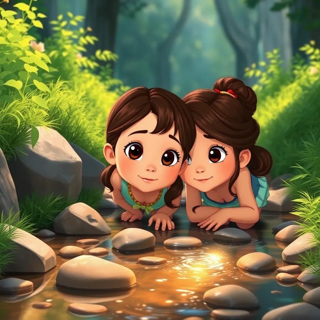Mia, a 6-year-old girl with brown hair and brown eyes, next to her mother, discovering a charming stream with smooth stones and sunlight sparkling on water, lush greenery around, illustration, serene, enchanting