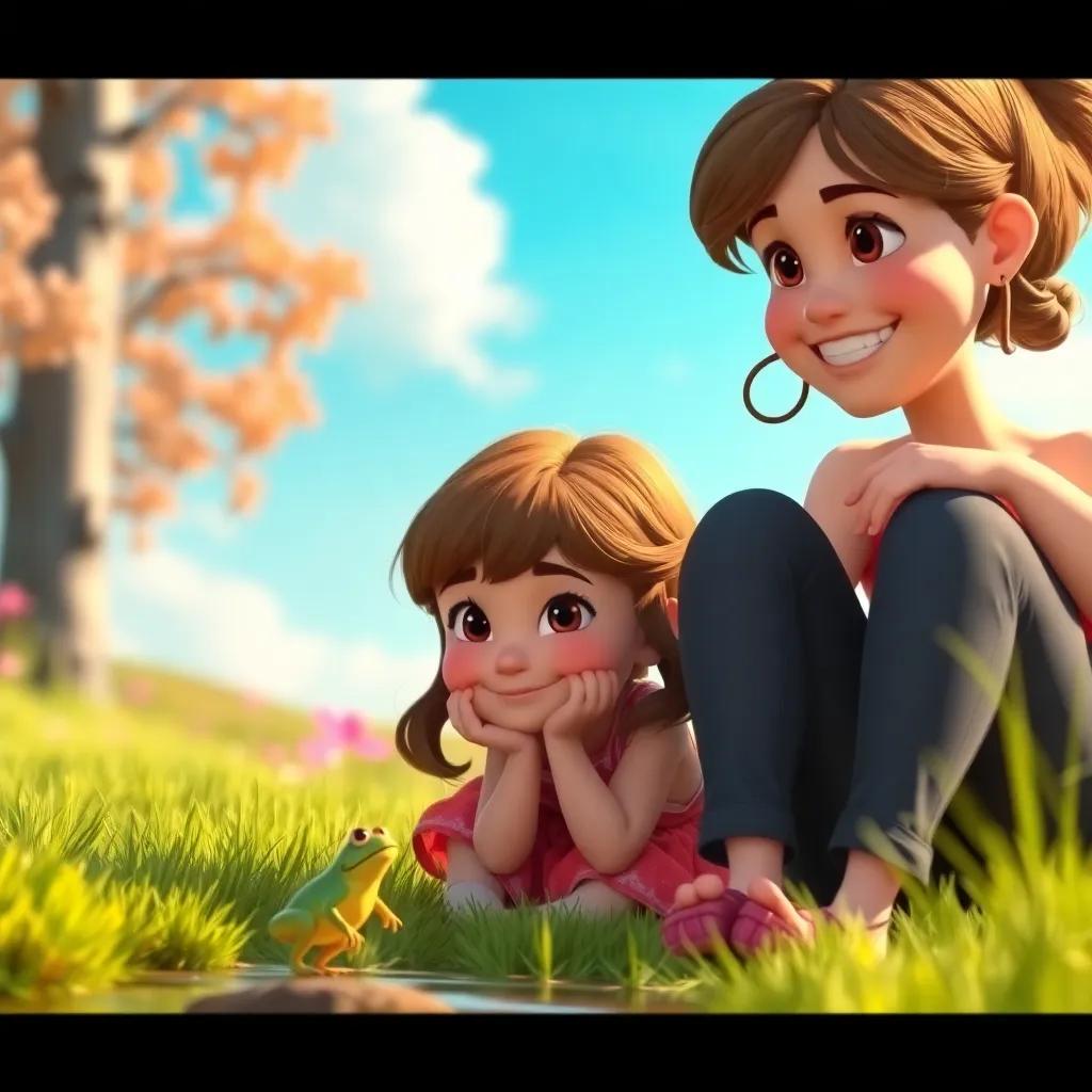 Mia, a 6-year-old girl with brown hair and brown eyes, watching a frog jump near a stream with her mother, sitting on the grass under a bright blue sky, happy expressions, colorful and vibrant style, digital art