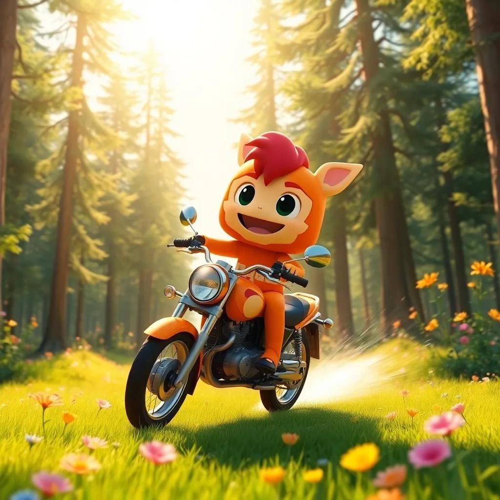 Momo the motorcycle, racing past tall trees and flowers in bloom, warm sunlight spilling across the ground, creating a joyful atmosphere, vibrant colors