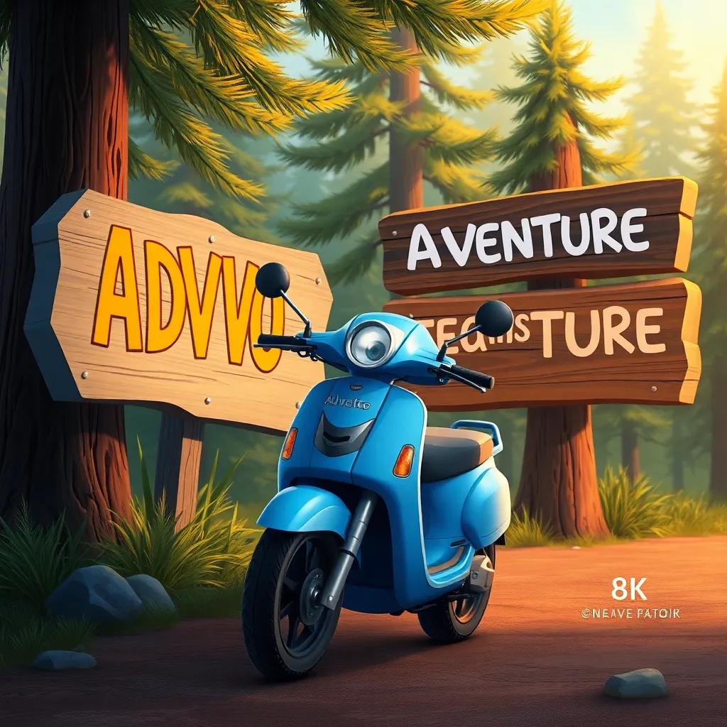 Momo the blue moto, observing a big, colorful adventure sign by a pine tree, with excitement gleaming in his headlights, detailed illustration, inviting, nature-filled
