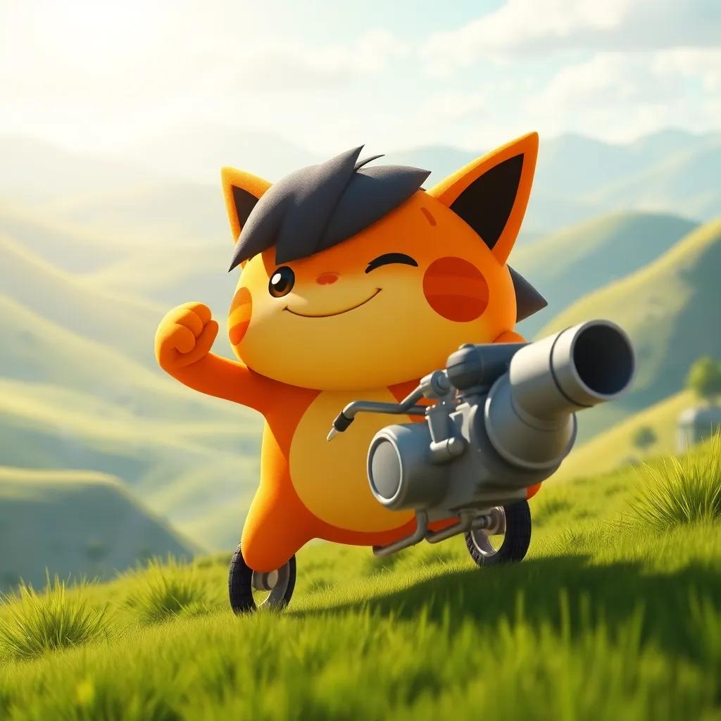 Momo revving his engine proudly, hills and valleys in the background, the sun shining brightly, casting cheerful shadows, cheerful art style, hyper-detailed