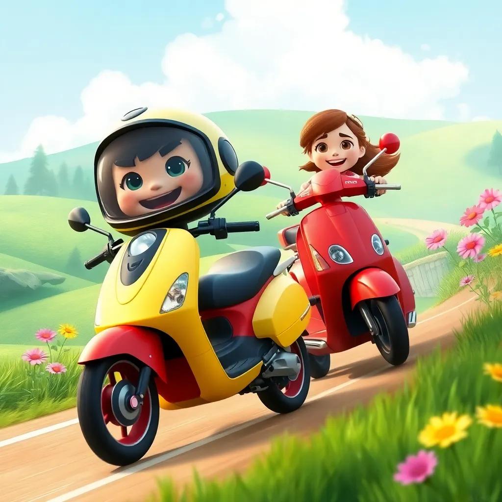 Momo the moto, speeding beside Suzy the red scooter, both with big smiles, racing alongside green fields adorned with colorful wildflowers, fun atmosphere