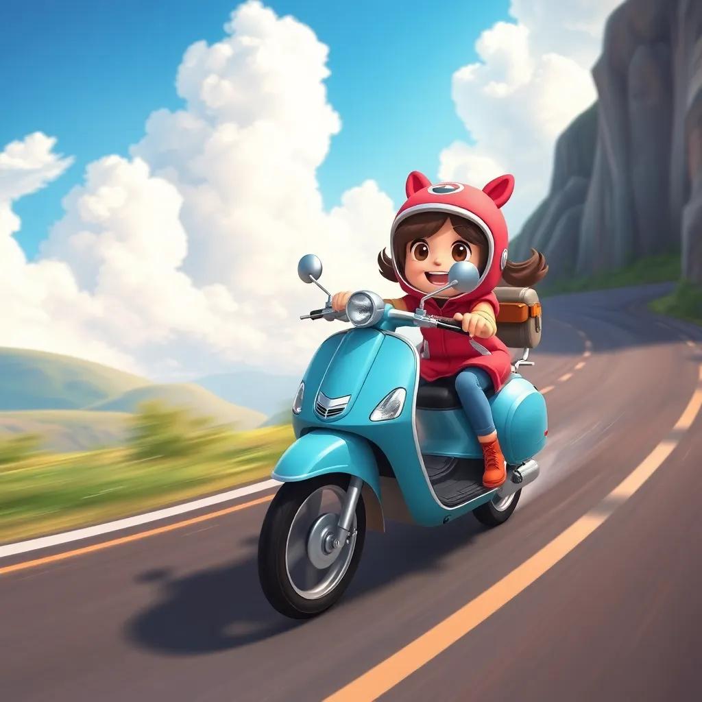 Momo and Suzy the scooter, zooming down winding roads, full of energy, surrounded by soft clouds in a bright blue sky, adventurous mood, detailed artwork