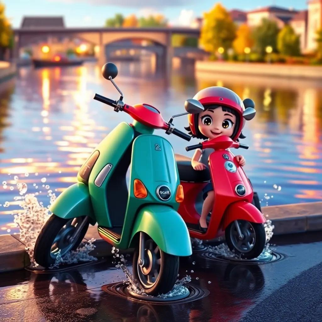 Momo and Suzy the scooter, stopping by a shimmering river, water splashing around them, reflections in the water, colorful setting, vibrant
