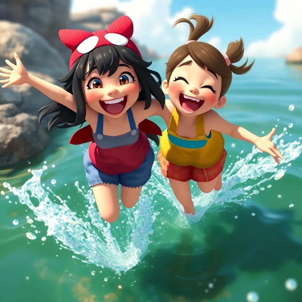 Momo and Suzy, having fun, jumping through the river with splashes around them, filled with lighthearted joy, cheerful atmosphere, detailed depiction