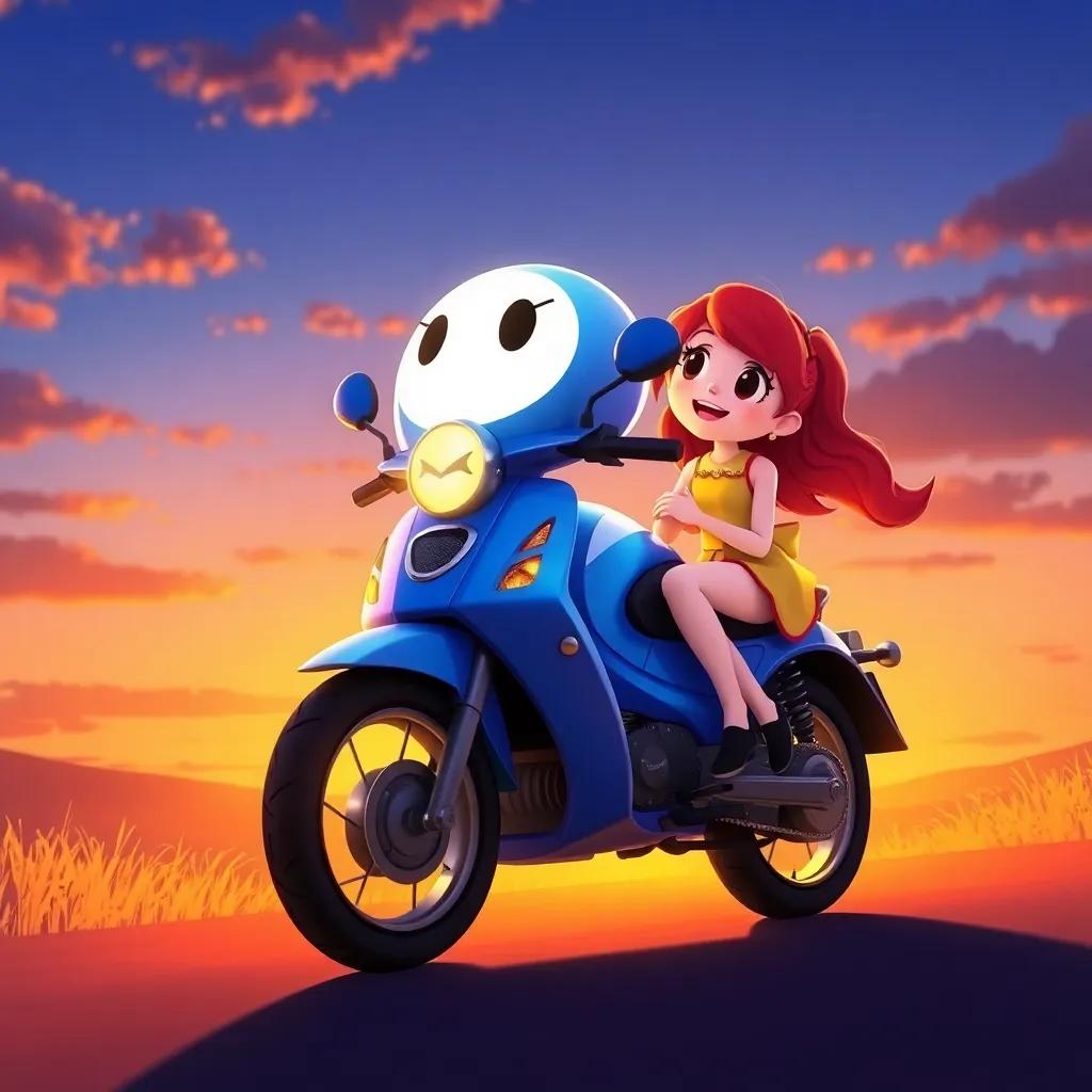 Momo the blue motorcycle, watching a glowing sunset, with Suzy beside him, both shining with joy and friendship, warm colors, heartwarming scene