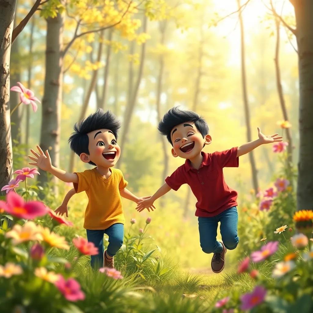 A joyful scene of two brothers, Montajab and Mojtaba, playing in a sunny forest with vibrant flowers and tall trees, laughing together, digital art, bright colors, cheerful atmosphere, high quality