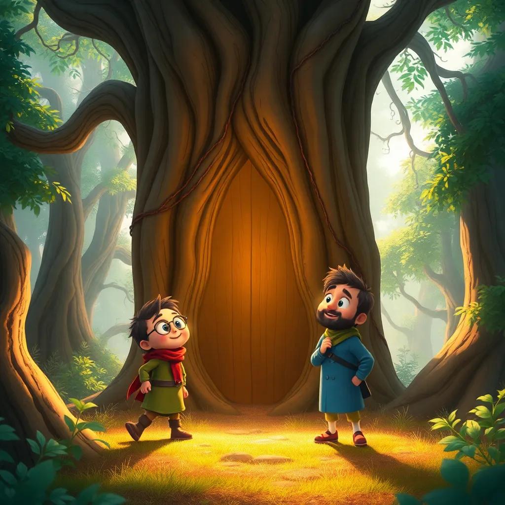 Montajab and Mojtaba discovering a large, ancient tree with a mysterious door, a sunlit forest around them, their expressions curious and excited, whimsical style, warm light, enchanting colors, high quality