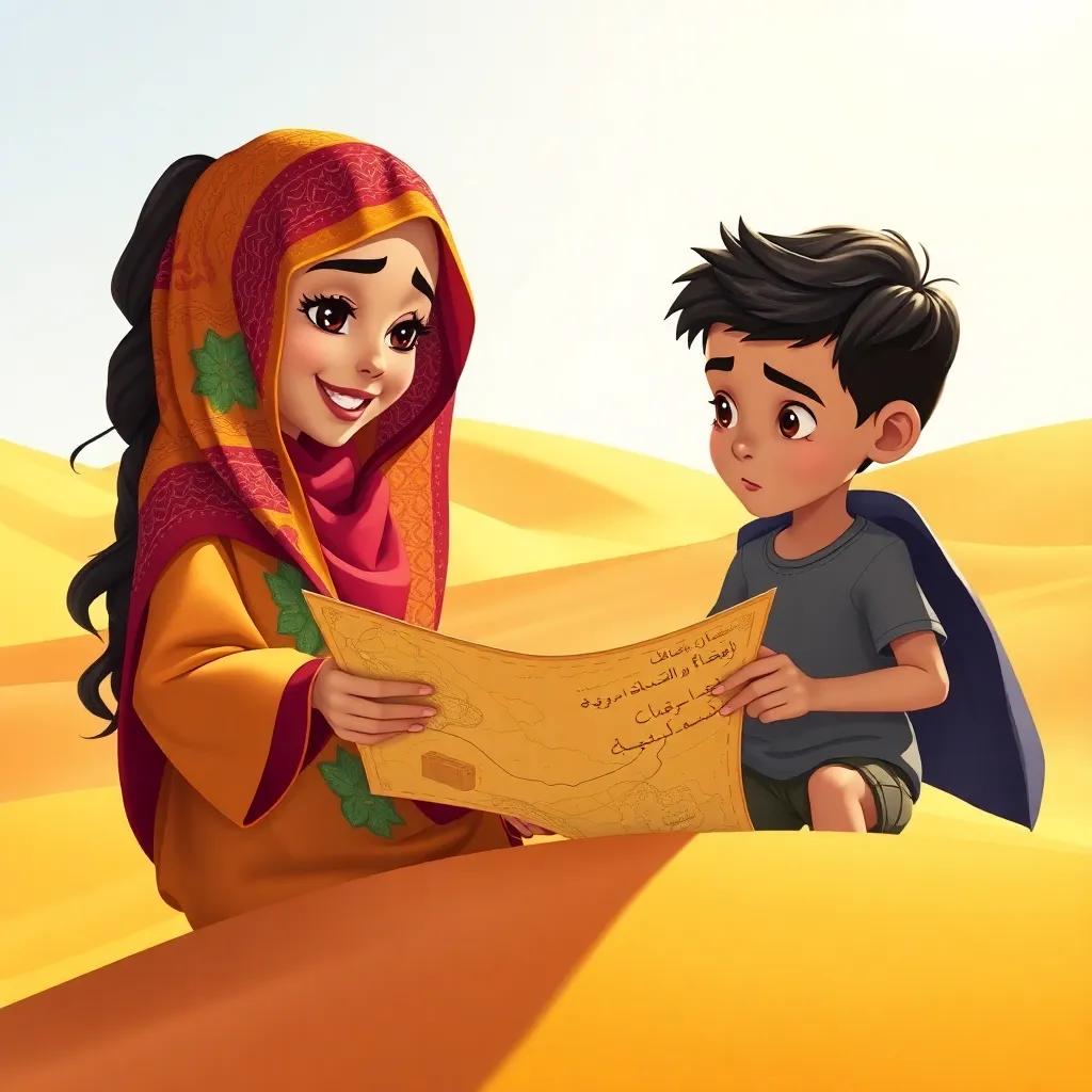 Noura, a young Arab girl with long dark hair in a colorful abaya, studying a treasure map with her brother Omar, a young Arab boy with short dark hair in a t-shirt and shorts, surrounded by golden sand dunes, bright sunlight, adventure theme, detailed illustration