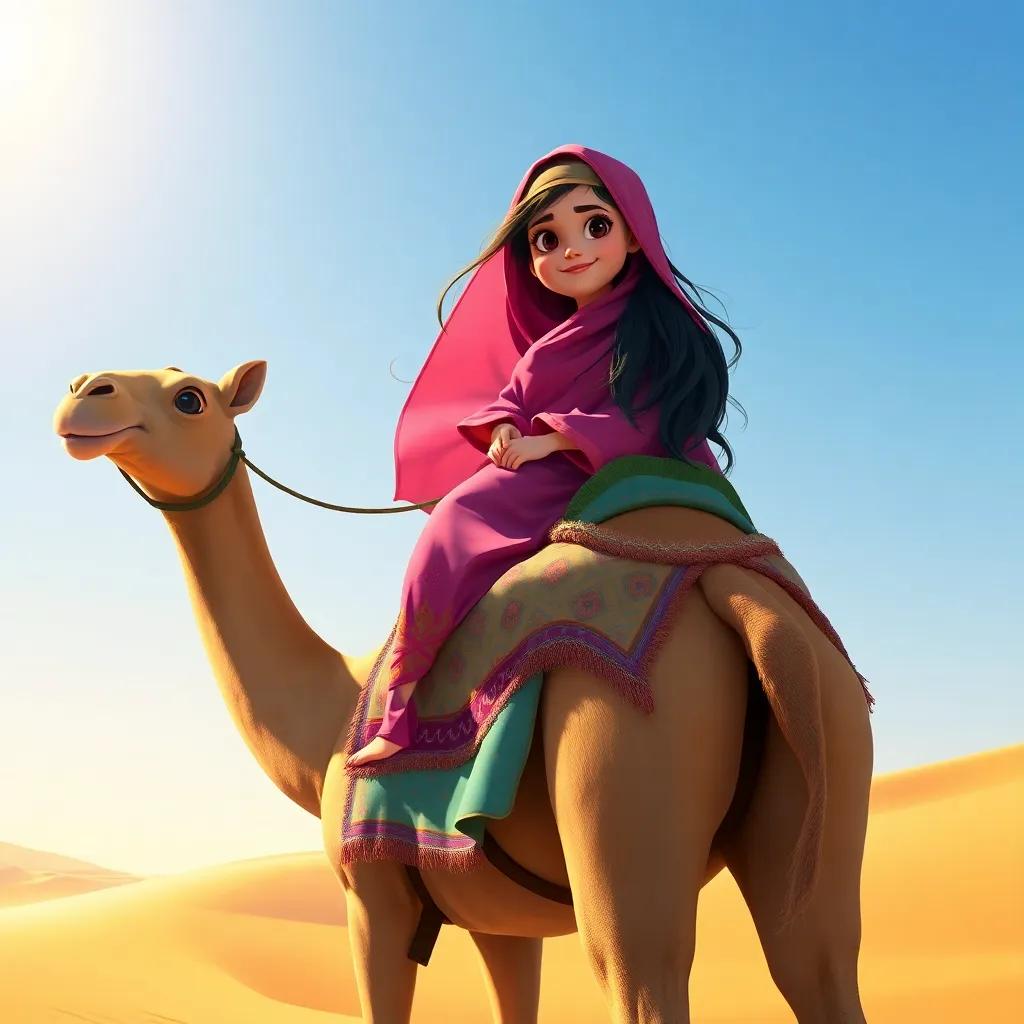 Noura, a young Arab girl with long dark hair, wearing a colorful abaya, riding a friendly camel across sunlit sand dunes with her brother, Omar, smiling, vibrant blue sky, joyful atmosphere, digital painting, colorful