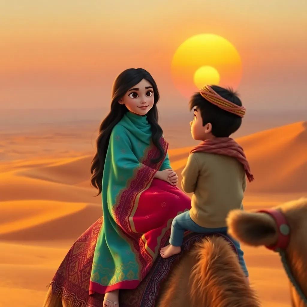 A young Arab girl, Noura, with long dark hair in a colorful abaya, sitting on a camel, viewing the vast desert dunes at sunset with Omar, a young Arab boy, warm golden tones, magical scenery, detailed art