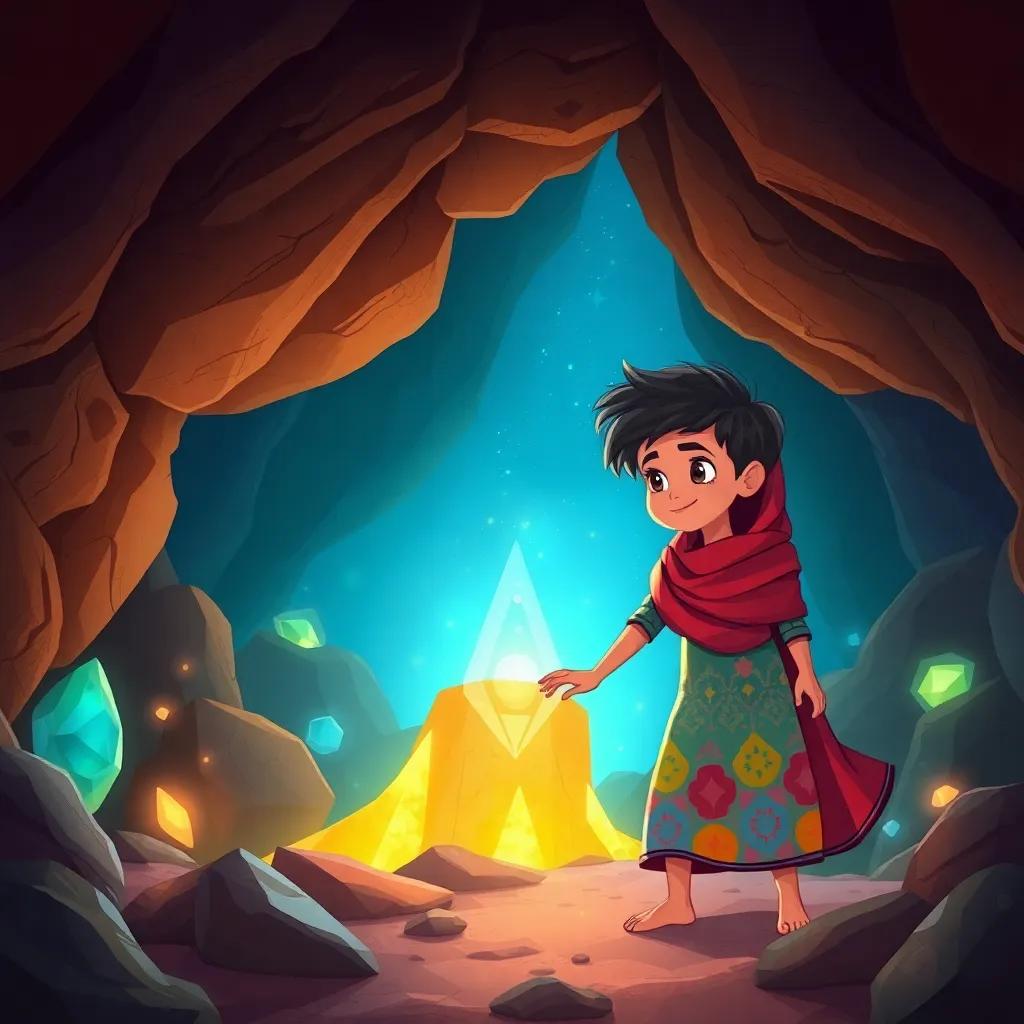 Noura, a young Arab girl with long dark hair in a colorful abaya, and her brother Omar exploring a dark cave filled with glowing gemstones and shiny rocks, child-friendly design, enchanting colors, fantasy illustration, warm light
