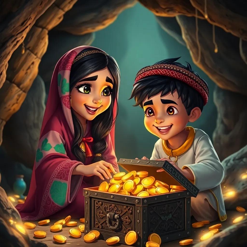 Noura, a young Arab girl with long dark hair in a colorful abaya, and Omar, a young Arab boy, open a treasure chest filled with golden coins in a cave, their expressions of joy and excitement, illuminated by glowing jewels, vivid details