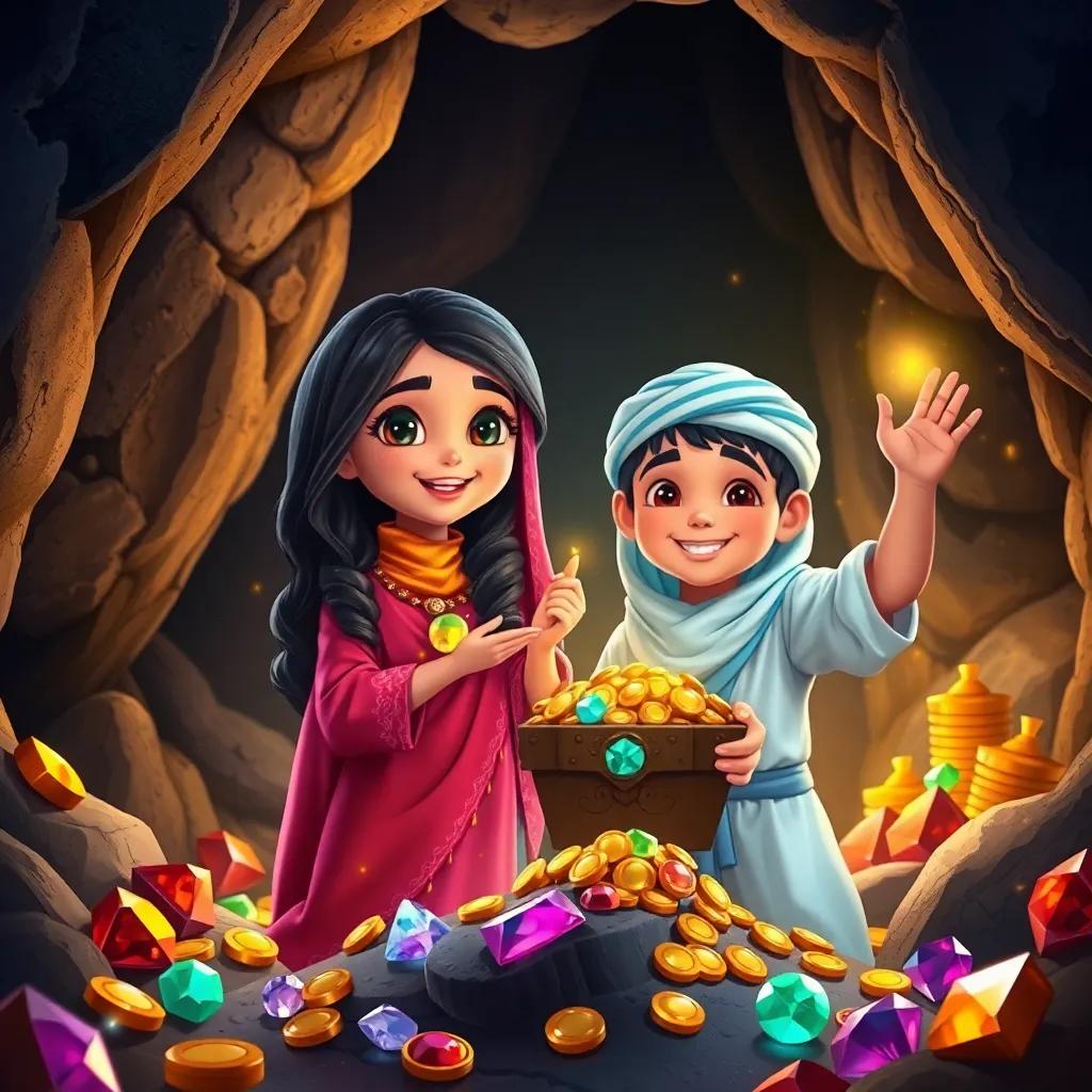 A young Arab girl, Noura, with long dark hair in a colorful abaya, and her brother Omar celebrating with treasure in a cave, colorful gems and coins around them, dark cave with sparkling reflections, joyful atmosphere, digital art
