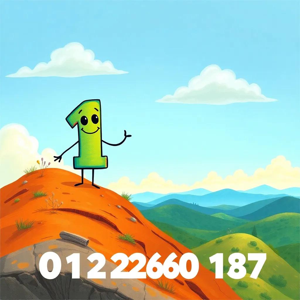A friendly number 12, with a warm smile and bright colors, standing beside 01222600187 atop a hill of subtraction, both looking towards the horizon filled with adventures, playful and animated, child-friendly, highly detailed, adventure-themed