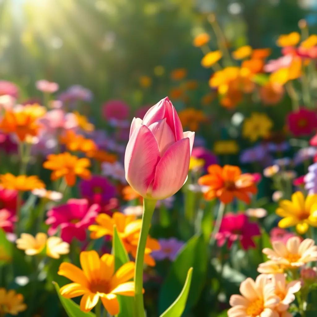 A beautiful flower bud, Penny, in a vibrant garden full of colorful flowers, soft sunlight shining through, digital art, bright colors, inviting atmosphere, high quality