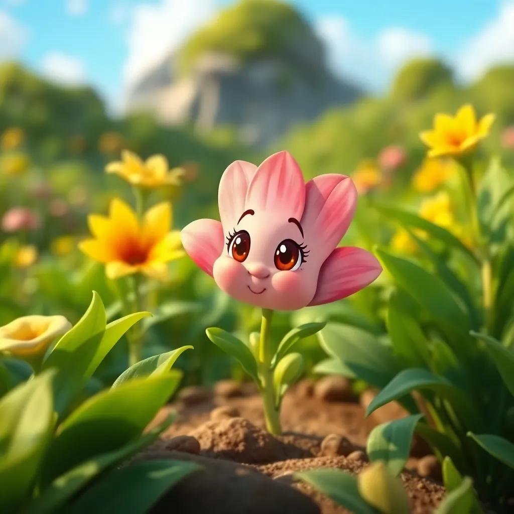 Penny the flower, a small bud with hopeful eyes, setting out on an adventure among lush greenery, whimsical style, colorful landscape, cheerful, high quality