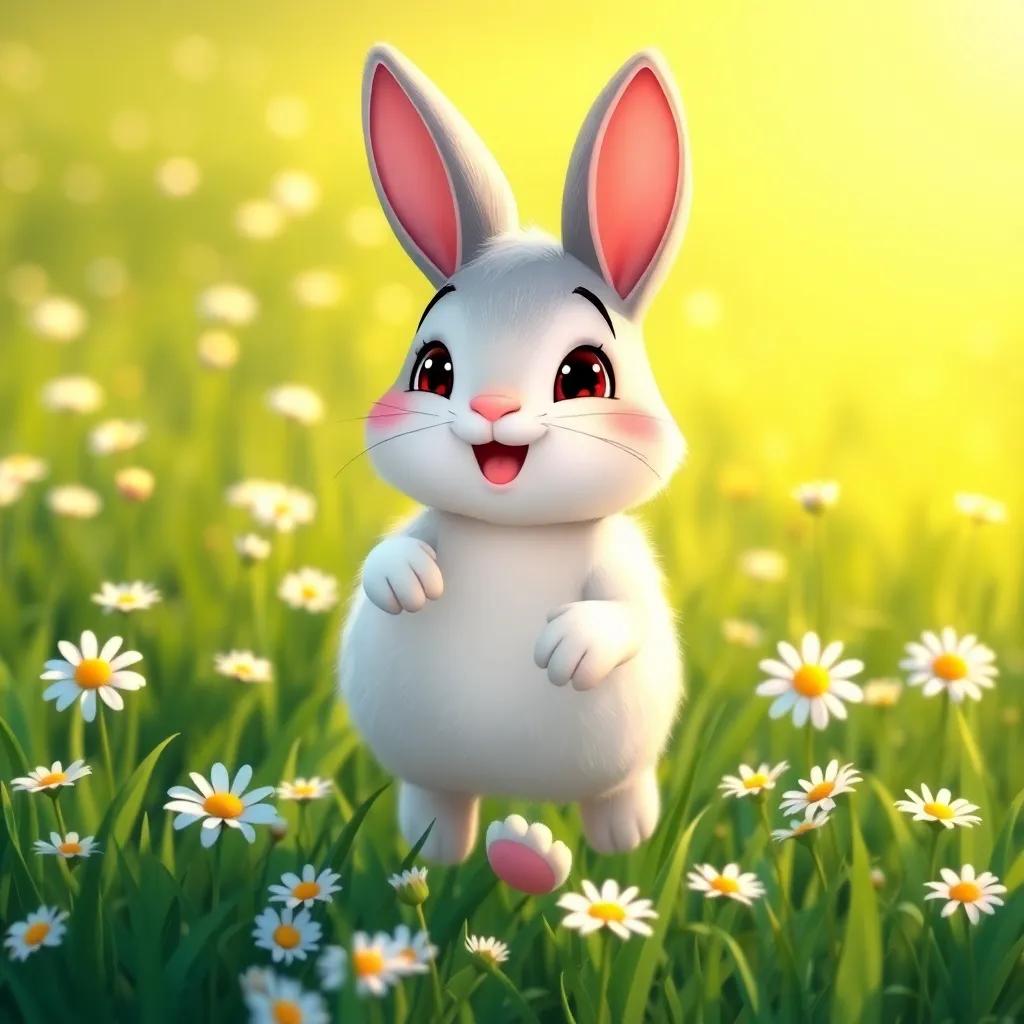 Benny the bunny, fluffy and white, hopping happily in a green field, surrounded by daisies, cartoonish style, sunny day, soft colors, warm light, high quality