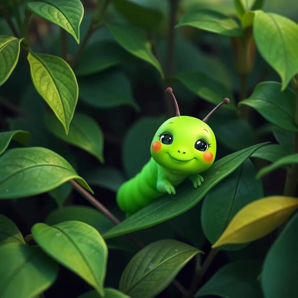 Carla the caterpillar, a bright green creature munching on a leaf, nestled among the leaves, friendly style, peaceful greenery, cheerful, high quality