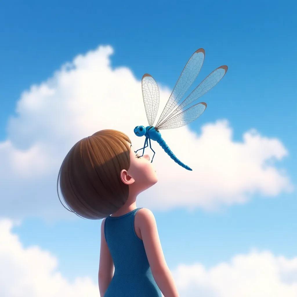 Danny the dragonfly, small and vibrant blue, flying gracefully above Penny, with a clear sky behind, magical style, vivid colors, uplifting, high quality