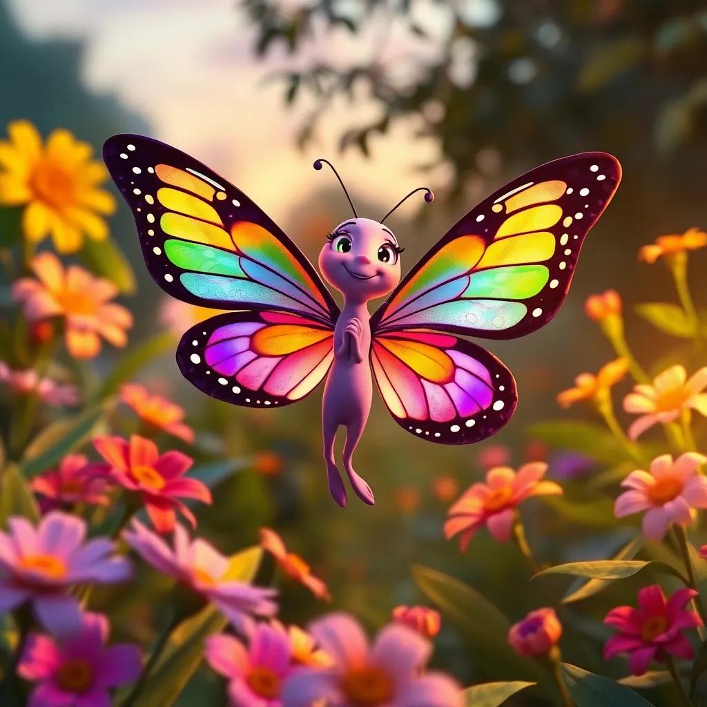 Lila the butterfly, colorful with shades of every hue, dancing joyfully in the garden, illuminated by the sunset, enchanting style, vibrant colors, lively, high quality
