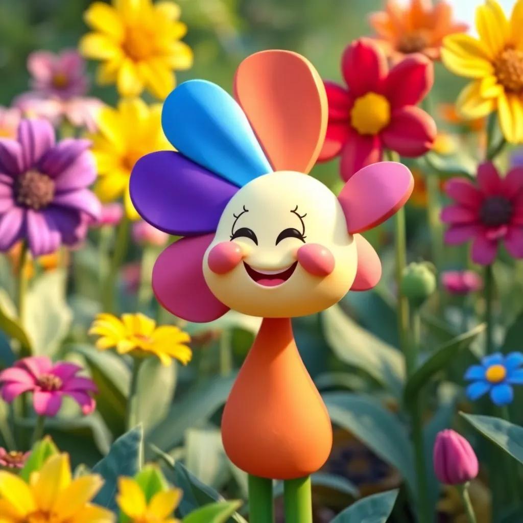 Penny the flower, joyful and colorful, standing proudly among her friends in the garden, celebrating diversity, cheerful atmosphere, lively colors, heartwarming, high quality