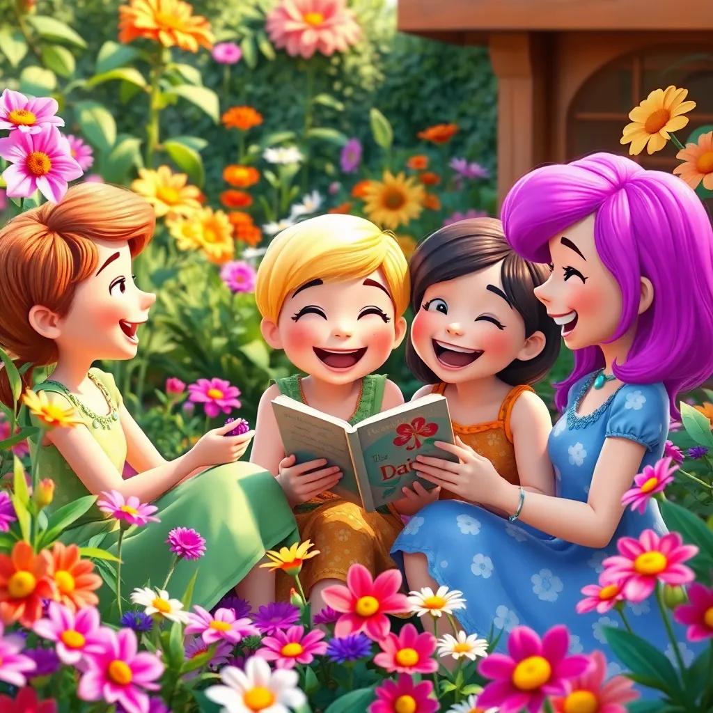 Penny and her friends together in a colorful garden, laughing and sharing stories, with flowers and plants all around, bright and cheerful style, vibrant imagery, joyful, high quality