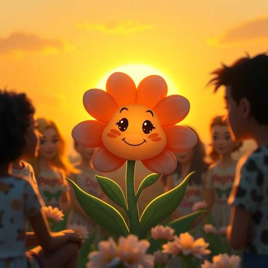 Penny the flower, surrounded by friends, glowing in the golden sunset, embodying the beauty of diversity, serene atmosphere, rich colors, uplifting, high quality