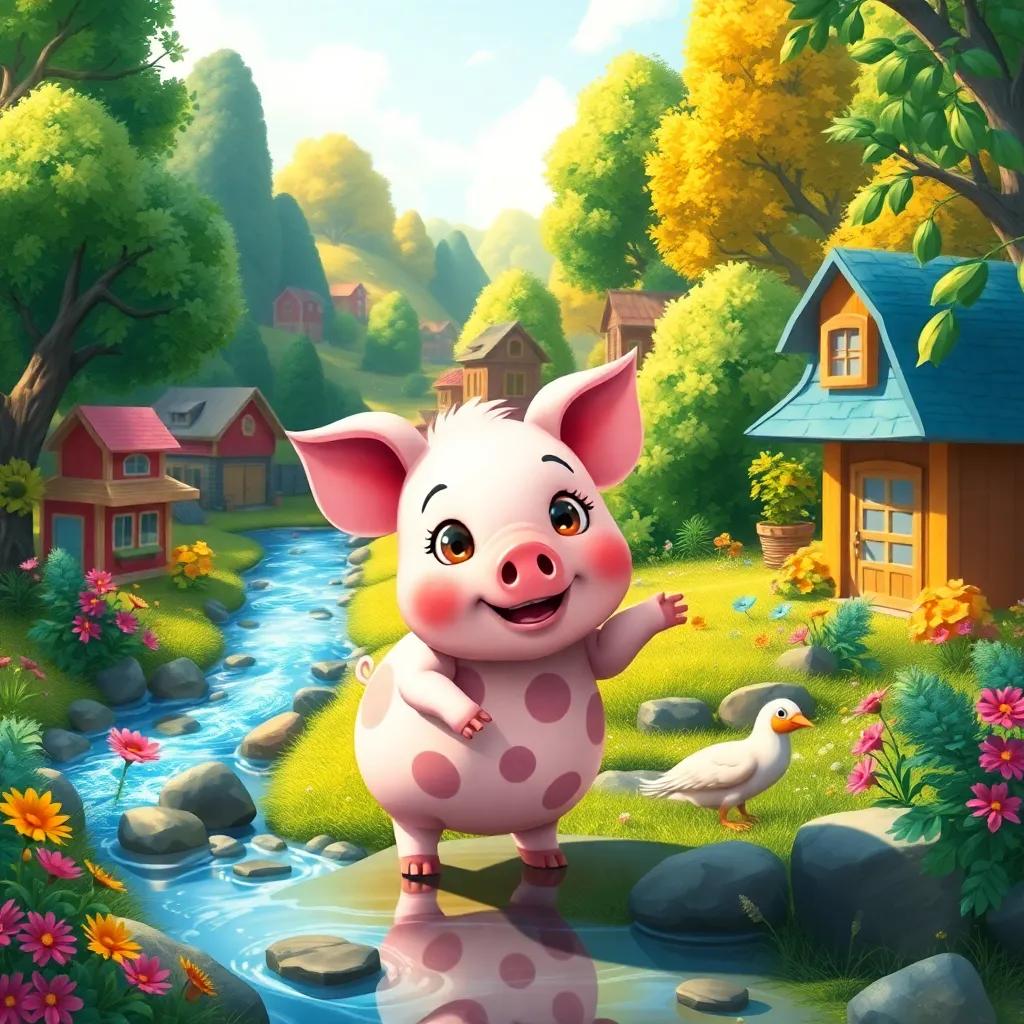 Penny the polka-dot pig discovering a hidden farm, with a sparkling stream and colorful buildings in the background, lush trees and plants all around, illustration, vibrant colors, whimsical and magical vibe, high quality