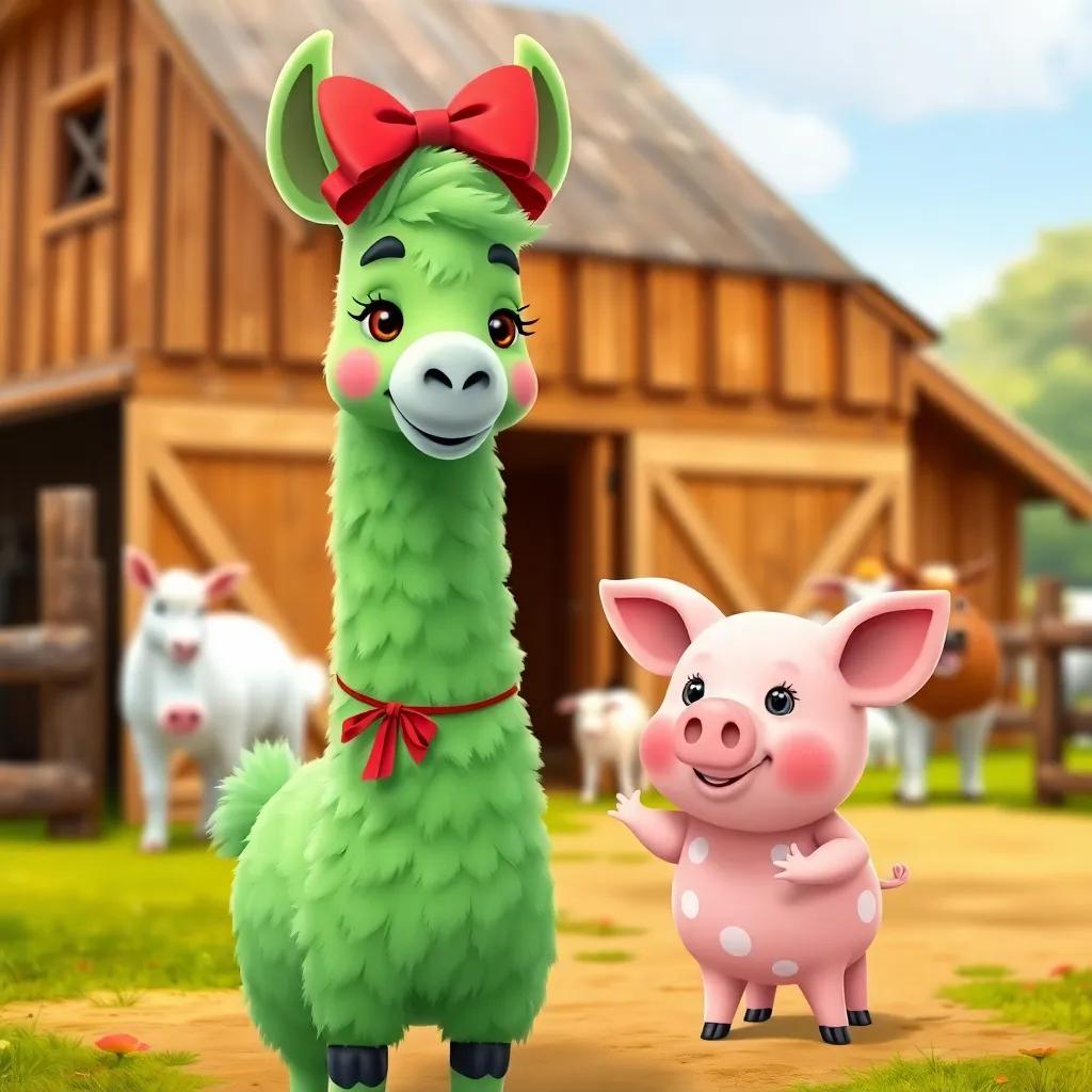 A tall green llama named Lou, with a bright red bow, welcoming Penny the polka-dot pig on the farm, with a barn and farm animals behind, cartoon style, friendly and joyful, bright colors, high quality