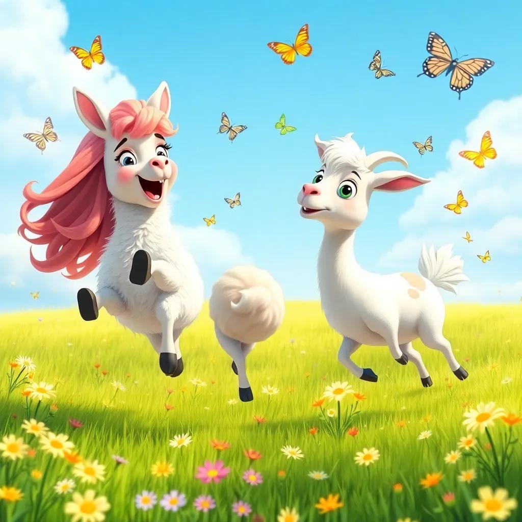 Penny playing with Lou the llama and Grace the goat, jumping around in a sunny meadow, surrounded by butterflies and flowers, joyful atmosphere, colorful and lively, high quality