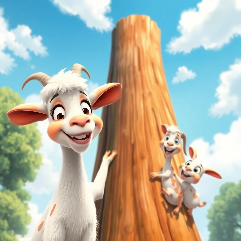 Grace the goat, with floppy ears and a big smile, inviting Penny and Lou to climb a tall tree, under the blue sky with fluffy clouds, cheerful colors, playful and fun mood, high quality