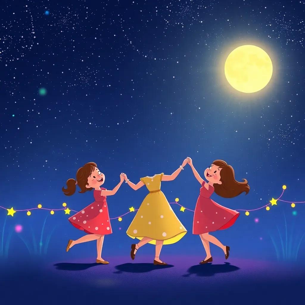 Penny, Lou, and Grace dancing under the starry night sky, with twinkling stars and a glowing moon, celebration around them, colorful lights and sparkles, magical and lovely atmosphere, high quality