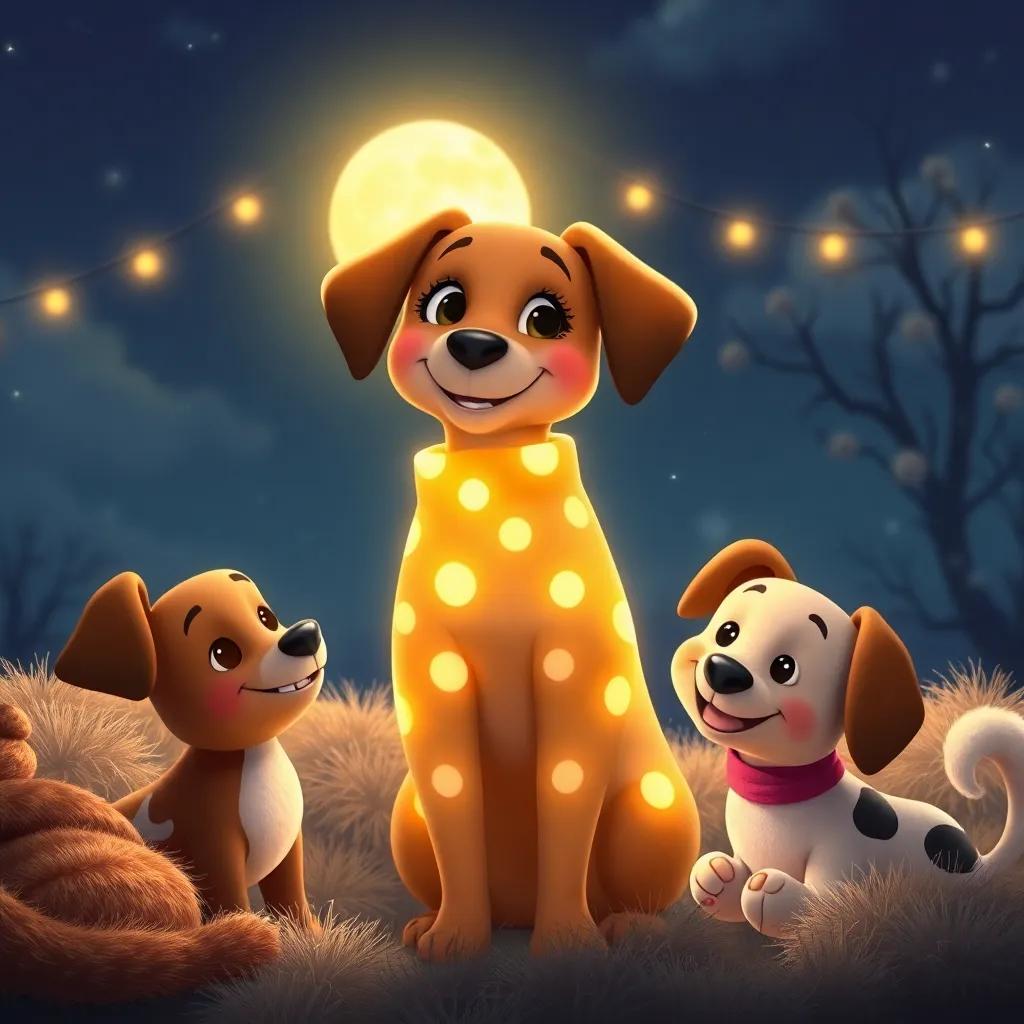 Penny’s shiny polka-dot coat glowing under the moonlight, surrounded by Lou and Grace, sharing joyful moments and stories, warm colors, cozy recount, high quality