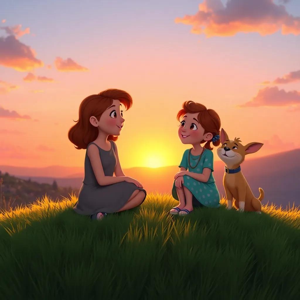 Penny sitting on a grassy hill with Lou and Grace, talking about dreams and adventures, with a beautiful sunset in the background, peaceful and heartfelt scene, warm colors, high quality