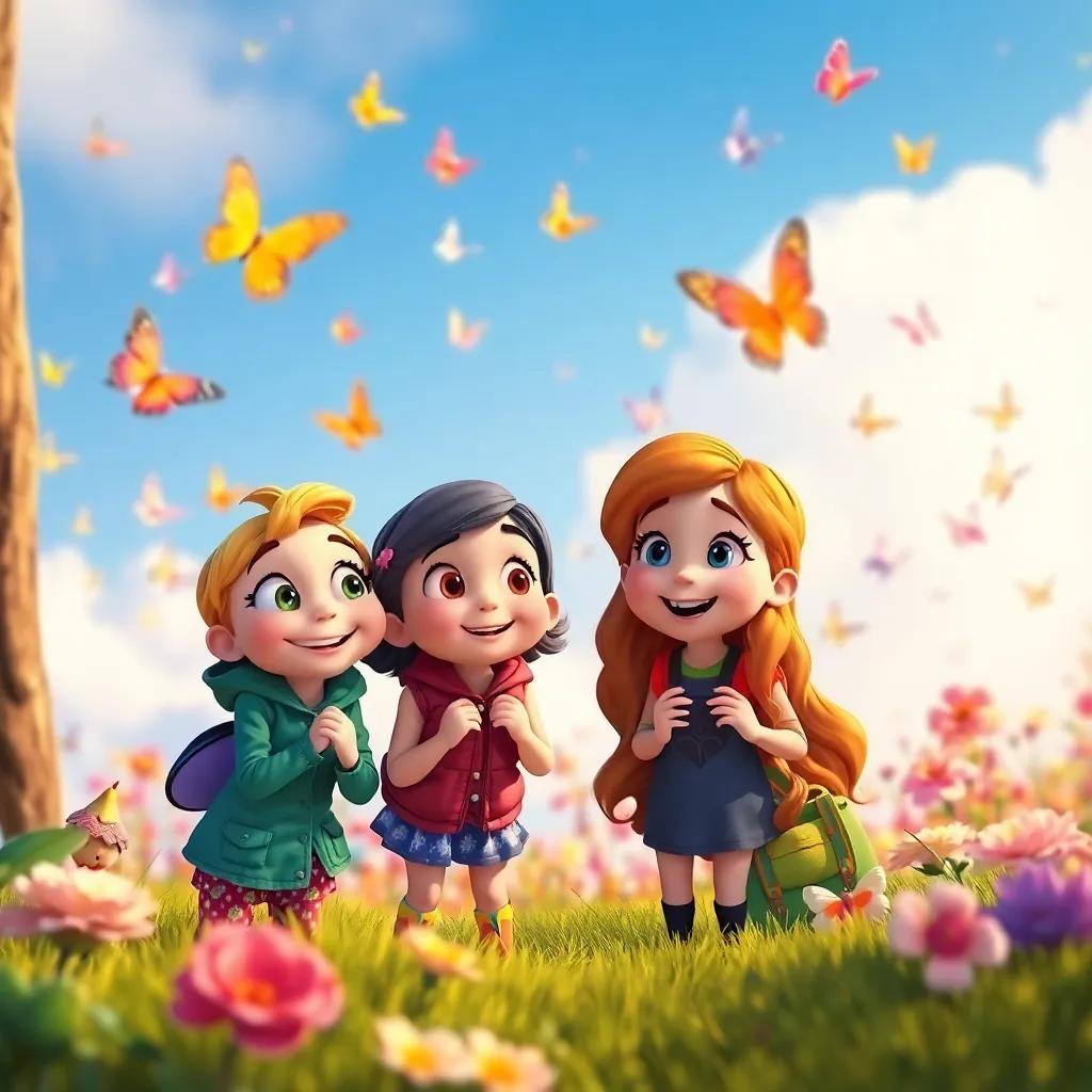 A heartwarming scene of Penny, Lou, and Grace promising to explore more together, with colorful butterflies in the background, playful and determined expressions, vibrant colors, high quality