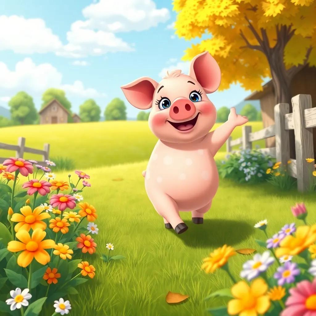 Penny the polka-dot pig waving goodbye, with a smile, as she trots away from the farm, surrounded by flowers and trees, bright and friendly, hopeful atmosphere, high quality