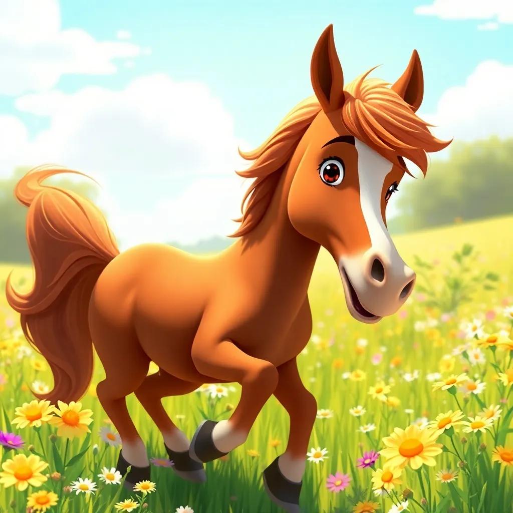 A chestnut horse named Rusty with a fluffy mane, playing in a sunny meadow filled with flowers, joyful atmosphere, bright colors, cheerful, high quality