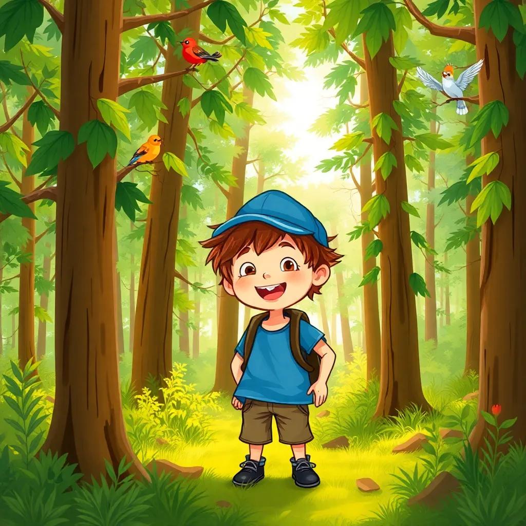 A young boy, Sam, with messy brown hair and a blue hat, standing in a vibrant forest with tall green trees and singing birds, joyfully exploring, sunlight filtering through leaves, cheerful scene, illustration, bright colors, engaging atmosphere, high quality
