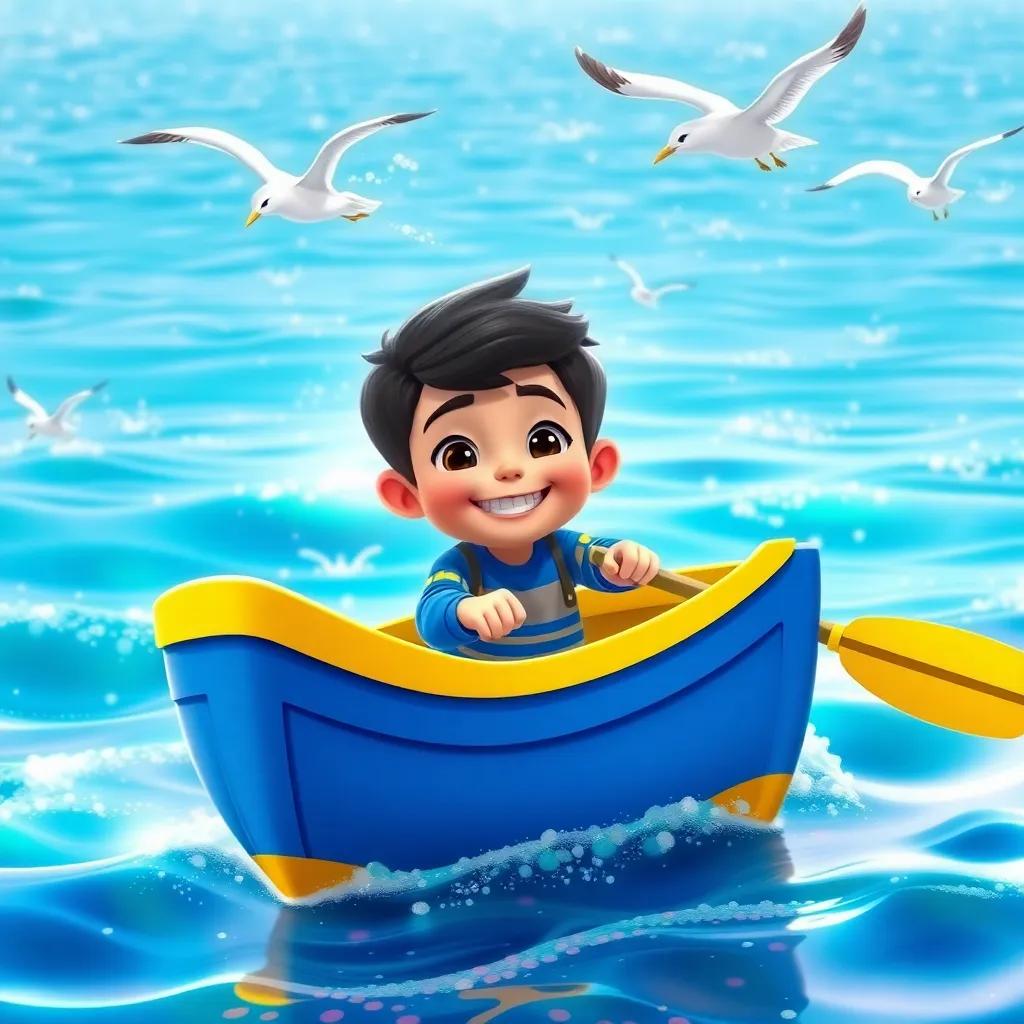 Samir, a cheerful boy with bright eyes and a big smile, sitting in his blue and yellow boat on the sparkling sea, paddling with joyful excitement, seagulls flying above him, colorful waves, cheerful and adventurous feel, high quality