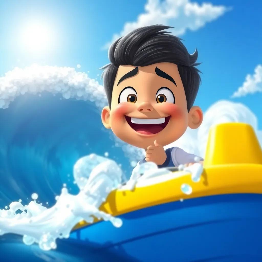 Samir, a cheerful boy with bright eyes and a big smile, giggling as a big wave splashes against his blue and yellow boat, playful and surprised expression, bright sun and blue sky, dynamic and lively scene