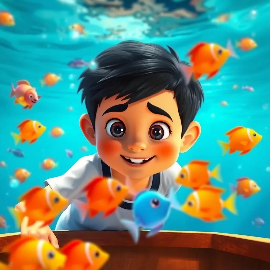 Samir, a cheerful boy with bright eyes and a big smile, looking down at colorful fish swimming in the clear water beneath his boat, feeling magical and amazed, bright colorful fish, underwater beauty, vibrant and enchanting setting