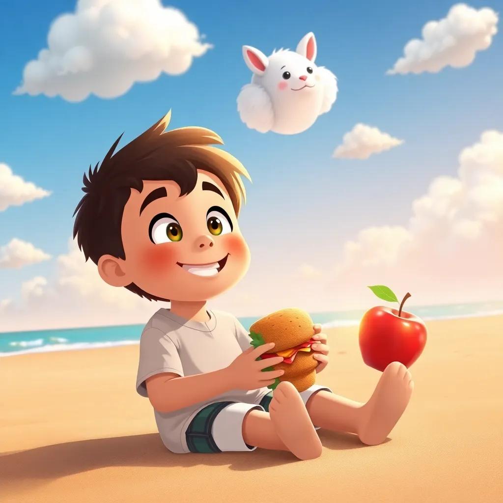 Samir, a cheerful boy with bright eyes and a big smile, sitting on the beach holding a sandwich and an apple, looking up at the clouds that resemble fluffy animals, sunny atmosphere, warm colors, peaceful and whimsical