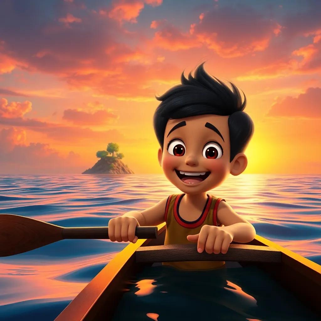 Samir, a cheerful boy with bright eyes and a big smile, paddling his boat towards a distant tiny island, excitement on his face, rich sunset colors in the sky, vibrant water, adventurous and eager feel