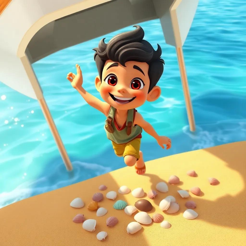 Samir, a cheerful boy with bright eyes and a big smile, hopping out of his boat onto a golden sandy island, collecting beautiful shells, joyful expression, bright ocean in the background, treasure hunt theme