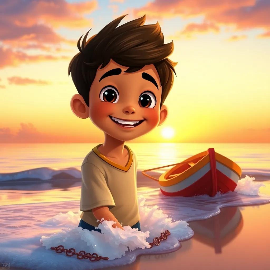 Samir, a cheerful boy with bright eyes and a big smile, returning to the shore at sunset with his little boat, waves gently washing ashore, warm glow of sunset colors, feeling happy and accomplished