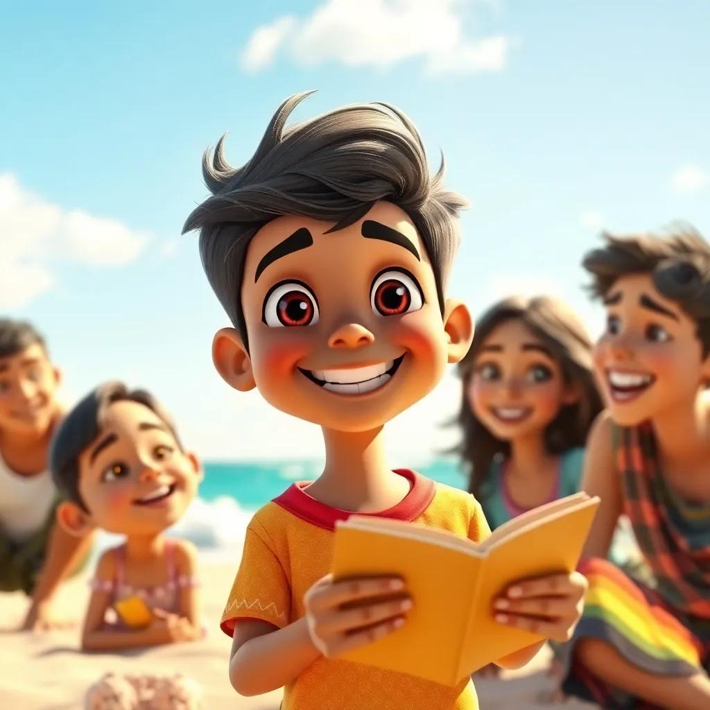 Samir, a cheerful boy with bright eyes and a big smile, sharing his adventure stories with his family on the beach, joyful expressions, bright sunny evening, warm atmosphere, inviting and heartwarming scenery